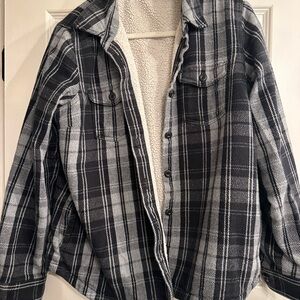 L.L Bean Navy blue and White Plaid shirt with Sherpa - M